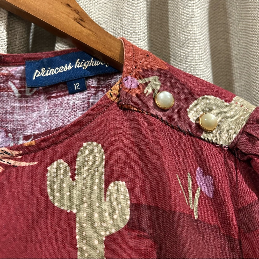 Princess Highway Burgundy Western Horse Print Puff Sleeve Dress - Picture 3 of 4